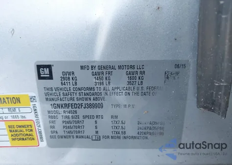 2015 Chevrolet Traverse Ls z USA, uszkodzony, nr VIN 1GNKRFED2FJ389909